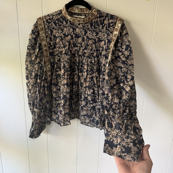 Isabel Marant Tops - Isabel Marant Étoile Vega Top Size 36 Navy Floral High Neck Cotton Blouse